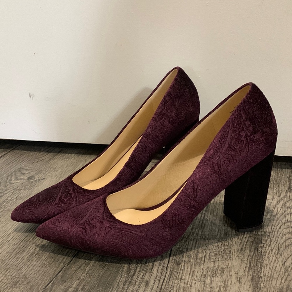 Purple Velvet Brocade Nine West Pointed Toe Block Heel Pumps